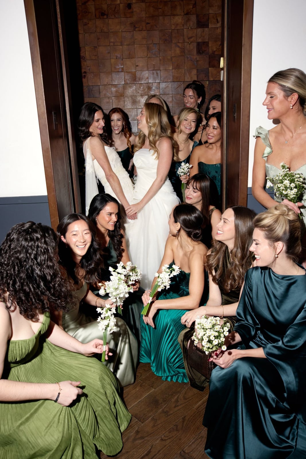 Mix-matched Satin and Chiffon Dresses in Green and Champagne Mix-matched Satin and Chiffon Dresses in Green and Champagne — Bridesmaid Dress