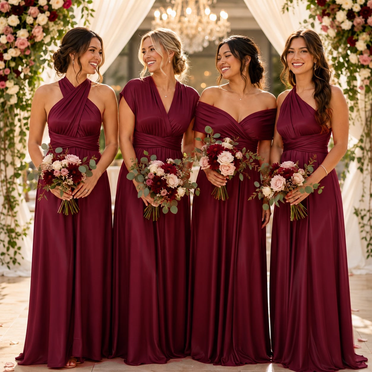 Burgundy Satin Maxi Dresses with Varied Necklines Burgundy Satin Maxi Dresses with Varied Necklines — Bridesmaid Dress