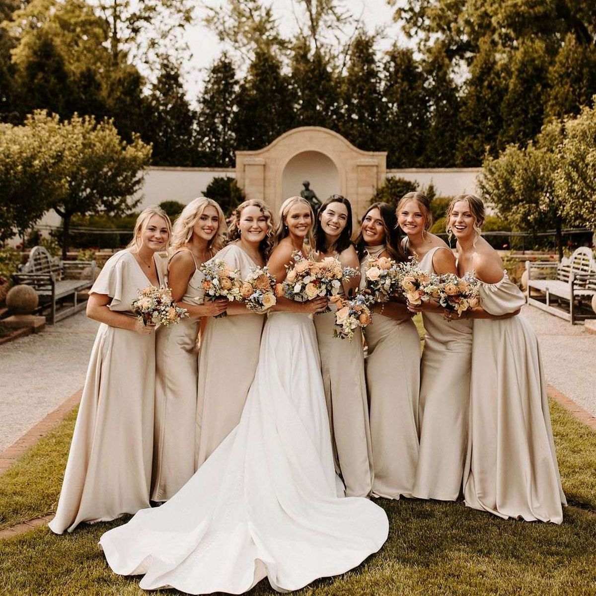 Champagne Satin Dresses with Varied Necklines, Close-Up Take Champagne Satin Dresses with Varied Necklines, Close-Up Take — Bridesmaid Dress
