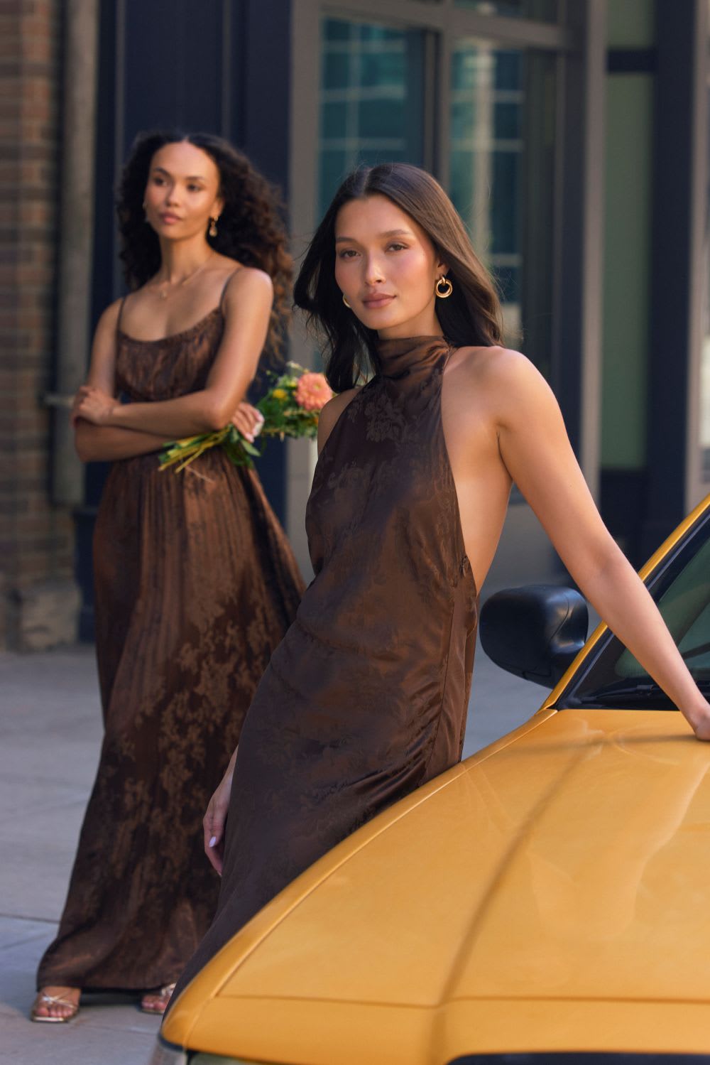 Dark Brown Jacquard Satin Halter Neck Dress, Office-Safe Version Dark Brown Jacquard Satin Halter Neck Dress, Office-Safe Version — Bridesmaid Dress