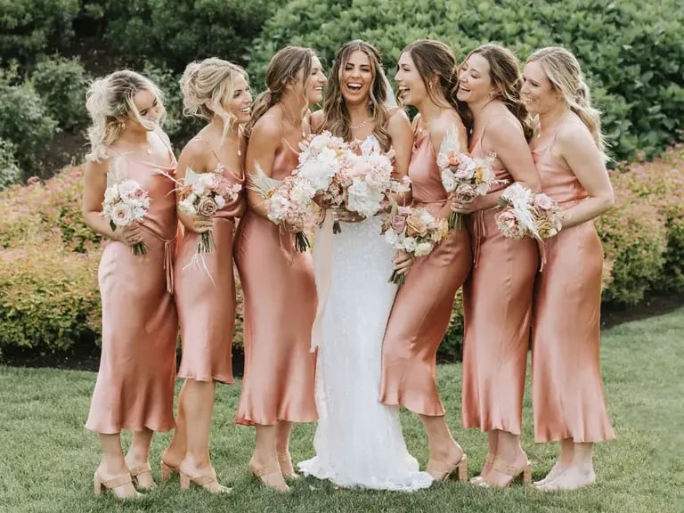 Peach Satin Slip Dresses with Strappy Heeled Sandals Peach Satin Slip Dresses with Strappy Heeled Sandals — Bridesmaid Dress
