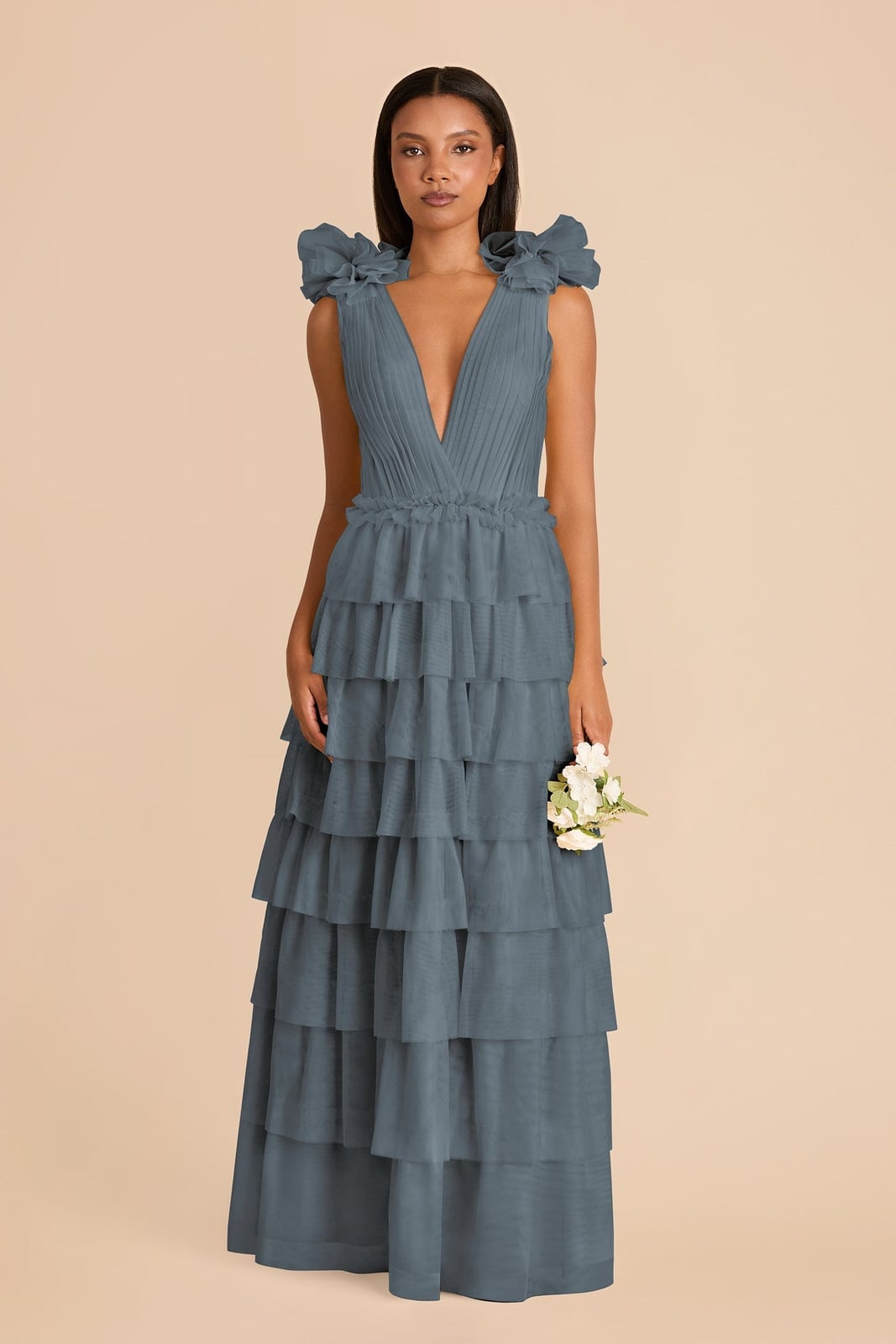 Dusty Blue Tiered Ruffle Dress with Deep V-Neck Dusty Blue Tiered Ruffle Dress with Deep V-Neck — Bridesmaid Dress