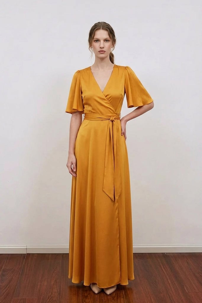 Mustard Yellow Satin Wrap Dress with Flutter Sleeves Mustard Yellow Satin Wrap Dress with Flutter Sleeves — Bridesmaid Dress