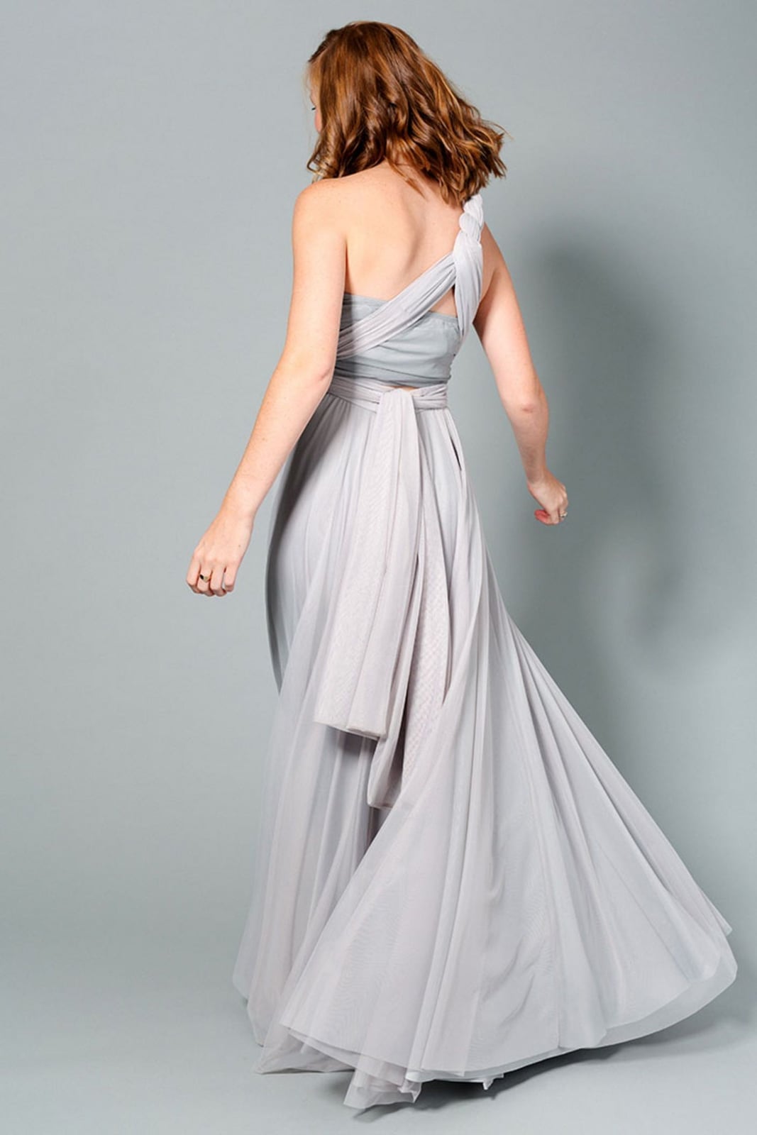 Light Gray One-Shoulder Maxi Dress in Chiffon and Crepe Light Gray One-Shoulder Maxi Dress in Chiffon and Crepe — Bridesmaid Dress