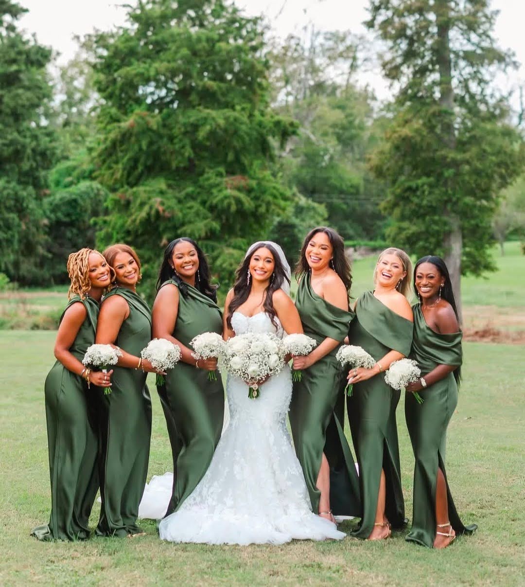 Olive Green One-Shoulder Satin Dresses with Thigh Slits Olive Green One-Shoulder Satin Dresses with Thigh Slits — Bridesmaid Dress