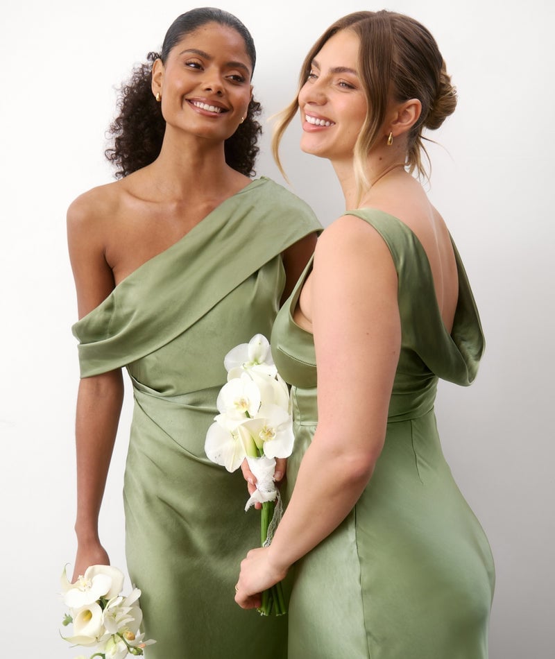Sage Green Satin Dresses with One-Shoulder and Cowl Back Sage Green Satin Dresses with One-Shoulder and Cowl Back — Bridesmaid Dress