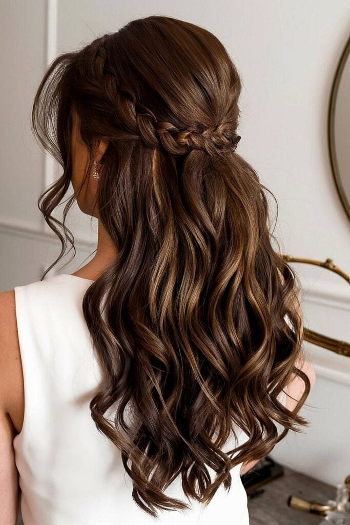 Thick Dark Brown Half-Up With Detailed Braid Thick Dark Brown Half-Up With Detailed Braid — Bridesmaid Hair