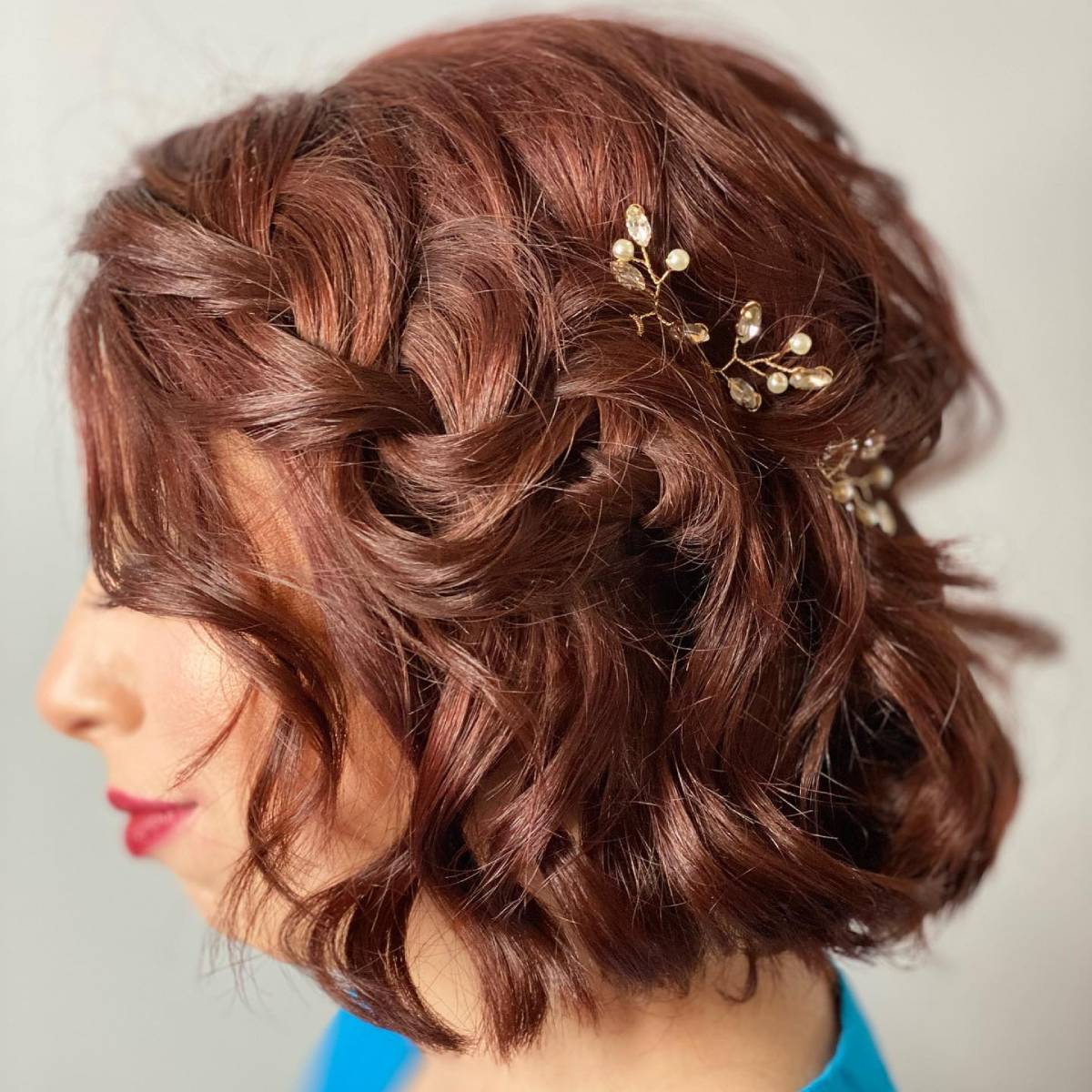 Auburn Bob With Textured Waves and Braids Auburn Bob With Textured Waves and Braids — Bridesmaid Hair