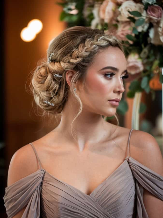 Blonde Mid-Back Braided Updo With Crown Braid Blonde Mid-Back Braided Updo With Crown Braid — Bridesmaid Hair