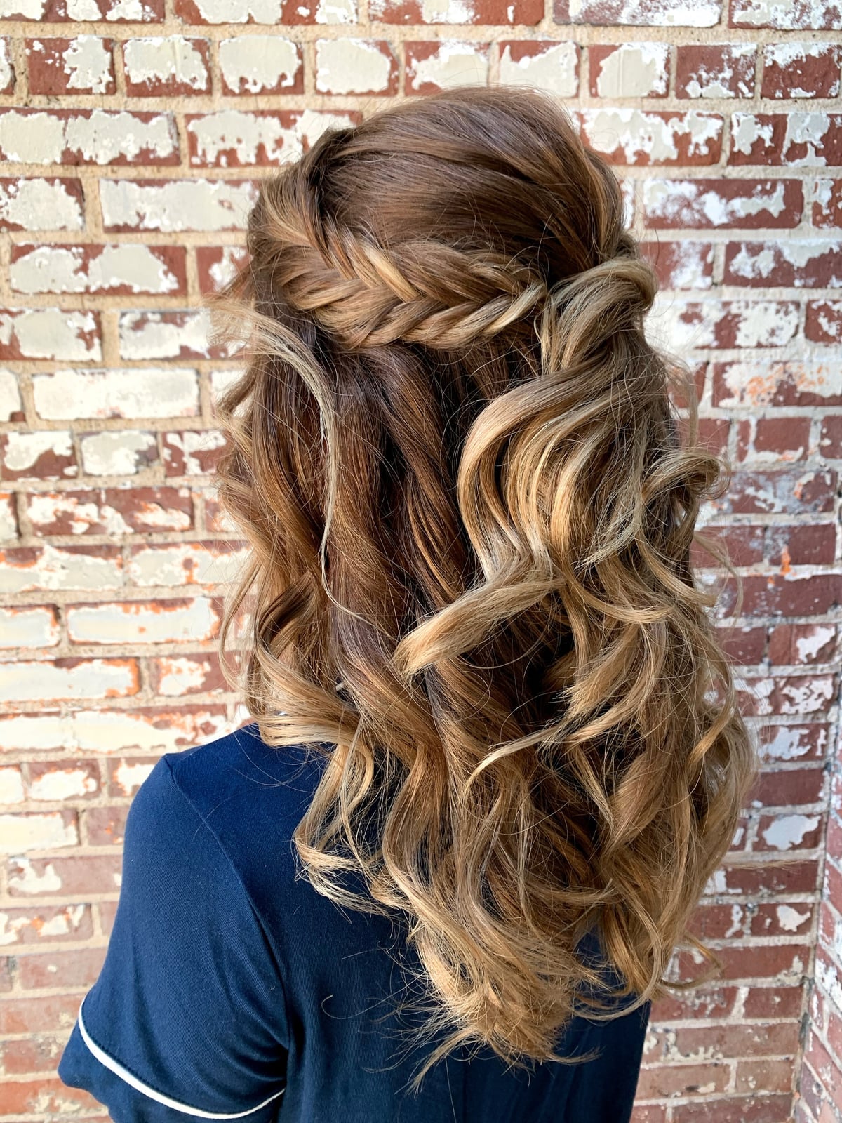 Medium Brown Half-Up With Balayage Curls Medium Brown Half-Up With Balayage Curls — Bridesmaid Hair