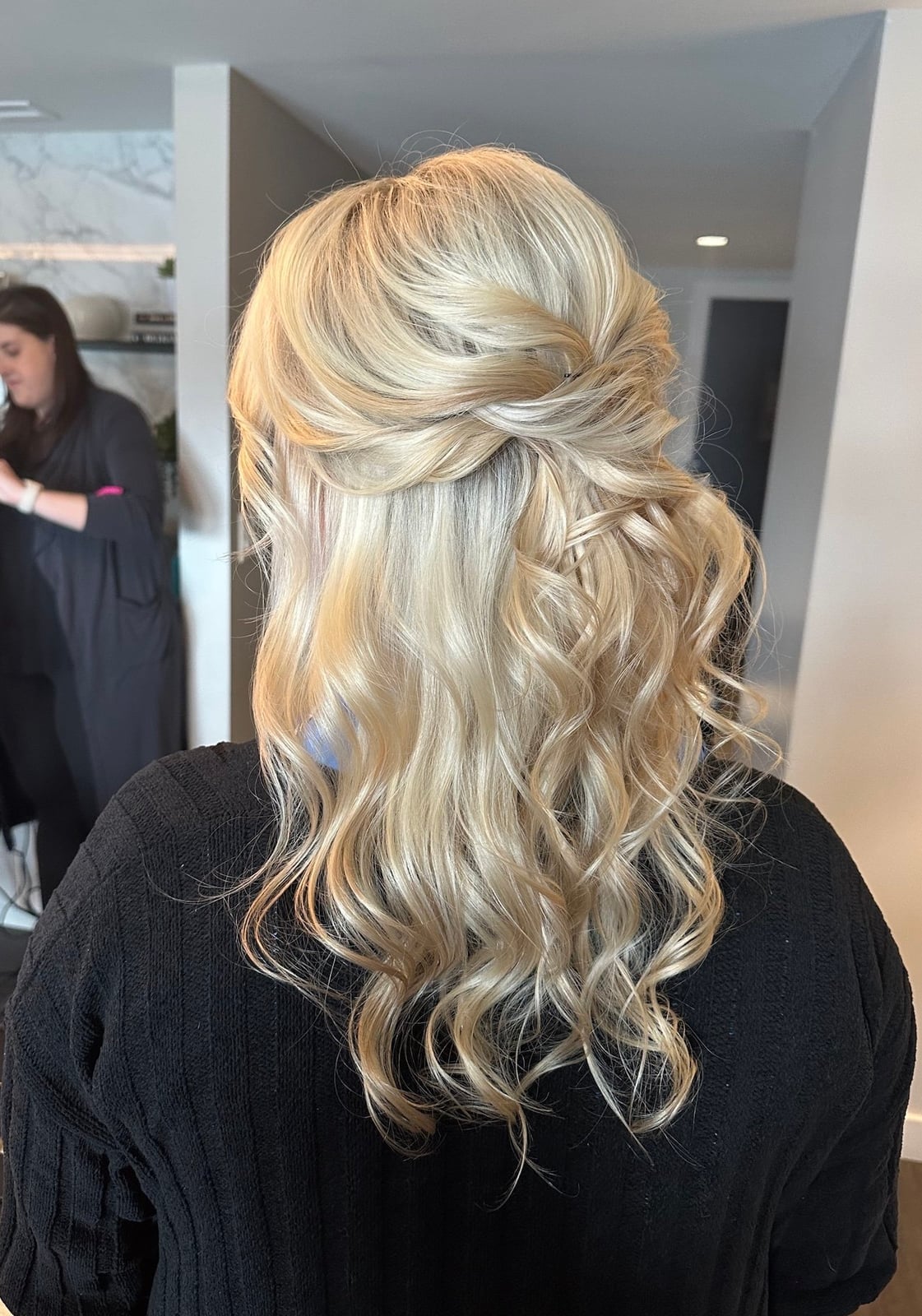 Blonde Half-Up With Twisted Crown and Curls, Mid-Back Blonde Half-Up With Twisted Crown and Curls, Mid-Back — Bridesmaid Hair