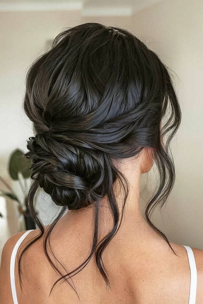 Textured Dark Brown Low Updo With Loose Tendrils Textured Dark Brown Low Updo With Loose Tendrils — Bridesmaid Hair