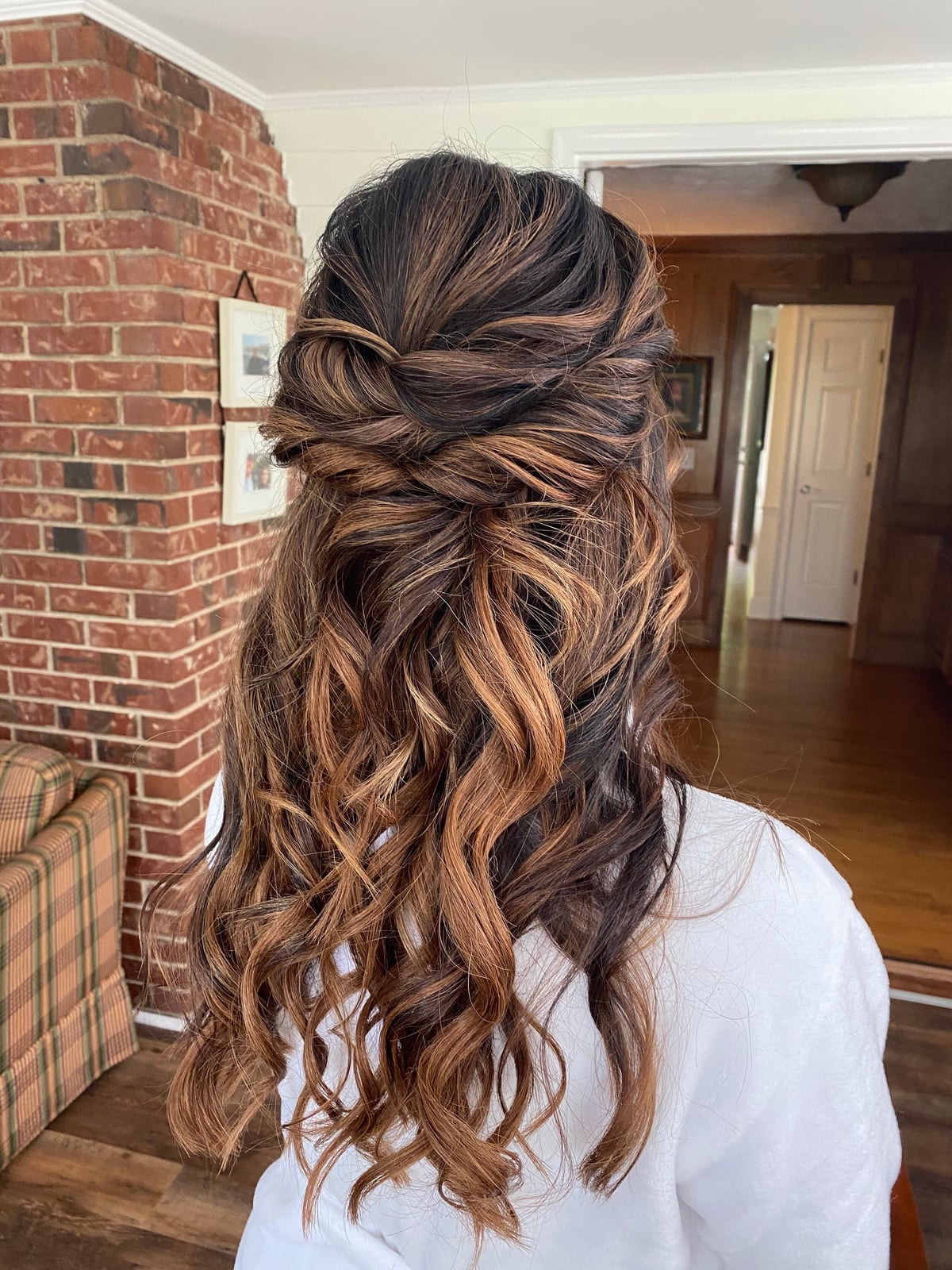 Dark Brown Half-Up With Caramel Highlights Dark Brown Half-Up With Caramel Highlights — Bridesmaid Hair