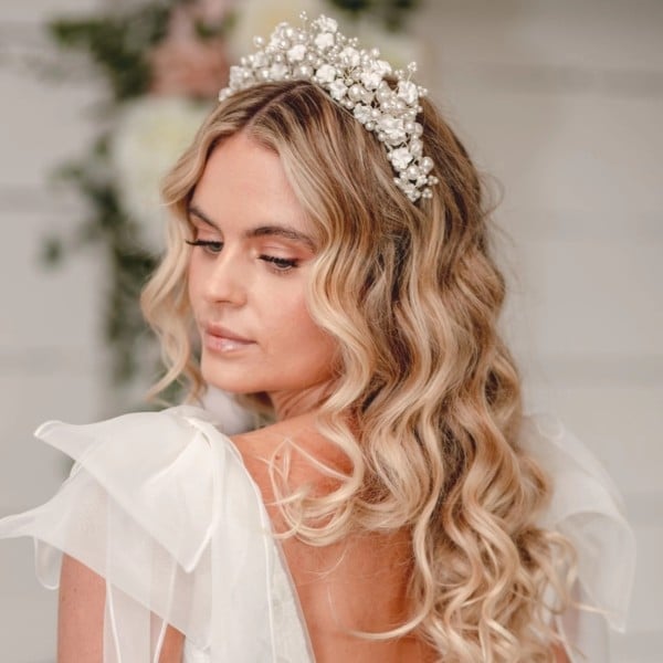 Collarbone Waves With Curtain Bangs and Tiara Collarbone Waves With Curtain Bangs and Tiara — Bridesmaid Hair