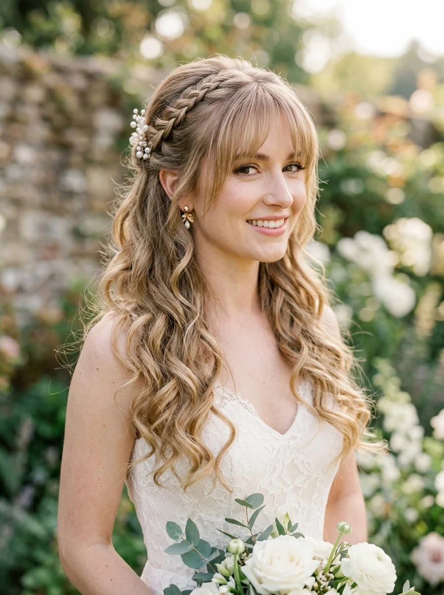 Half-Up Style With Braided Crown and Curtain Bangs Half-Up Style With Braided Crown and Curtain Bangs — Bridesmaid Hair