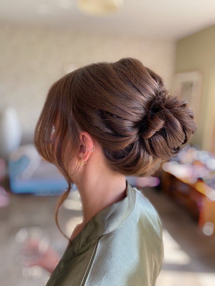Medium Brown Chignon With Face-Framing Tendrils Medium Brown Chignon With Face-Framing Tendrils — Bridesmaid Hair