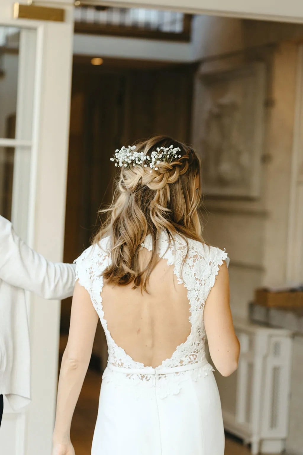Blonde Half-Up With Braid and Floral Accents Blonde Half-Up With Braid and Floral Accents — Bridesmaid Hair