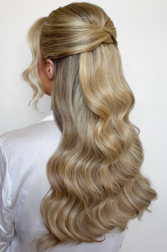 Wavy Honey Blonde Half Up Twisted Knot — Bridesmaid Hairstyles Half Up