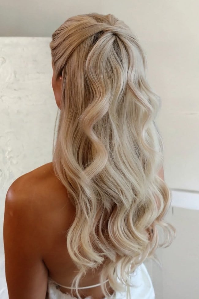 Mid-Back Creamy Blonde Half Up Wrapped Style — Bridesmaid Hairstyles Half Up