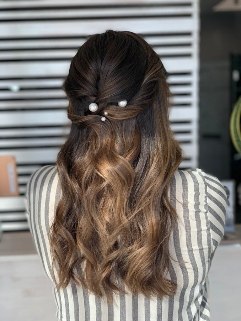 Dark Brown Balayage Half Up Twisted Style, Mid-Back — Bridesmaid Hairstyles Half Up