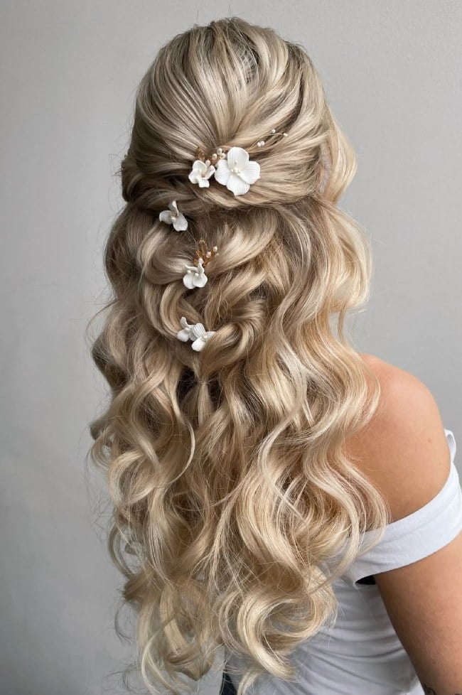 Mid-Back Blonde Half Up Twisted Curled Style — Bridesmaid Hairstyles Half Up
