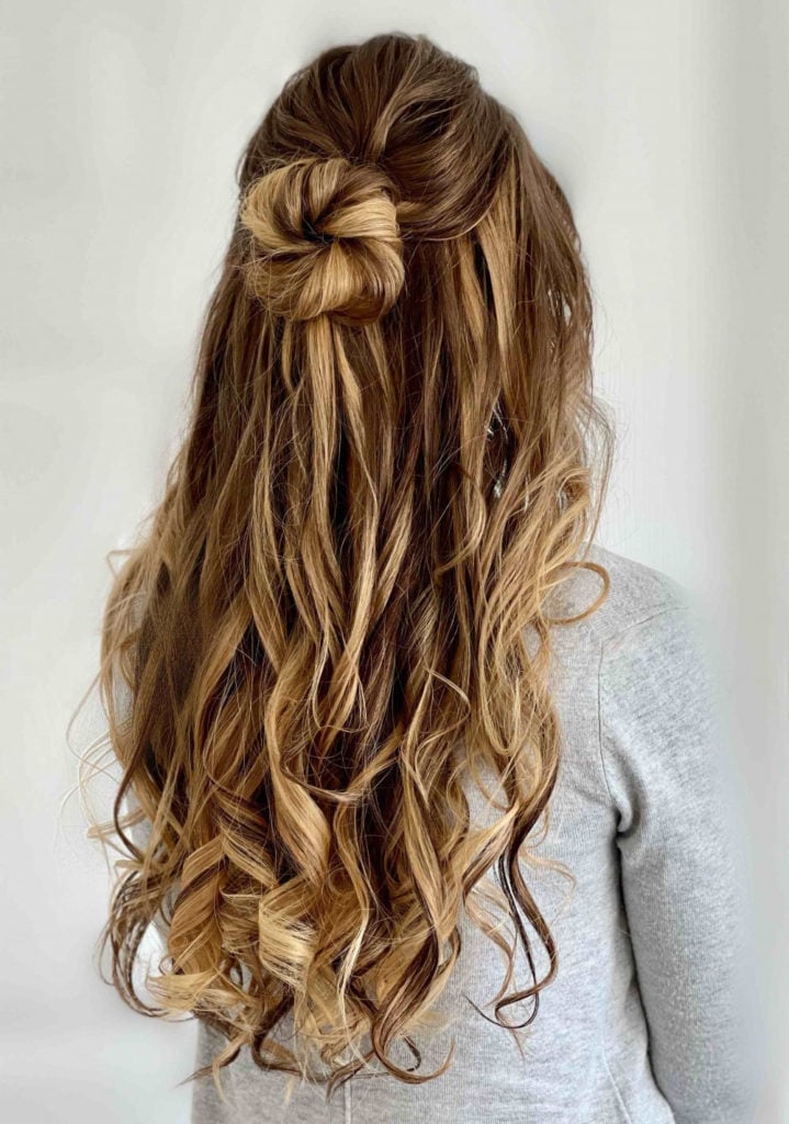 Long Brown Half Up Twisted Bun — Bridesmaid Hairstyles Half Up