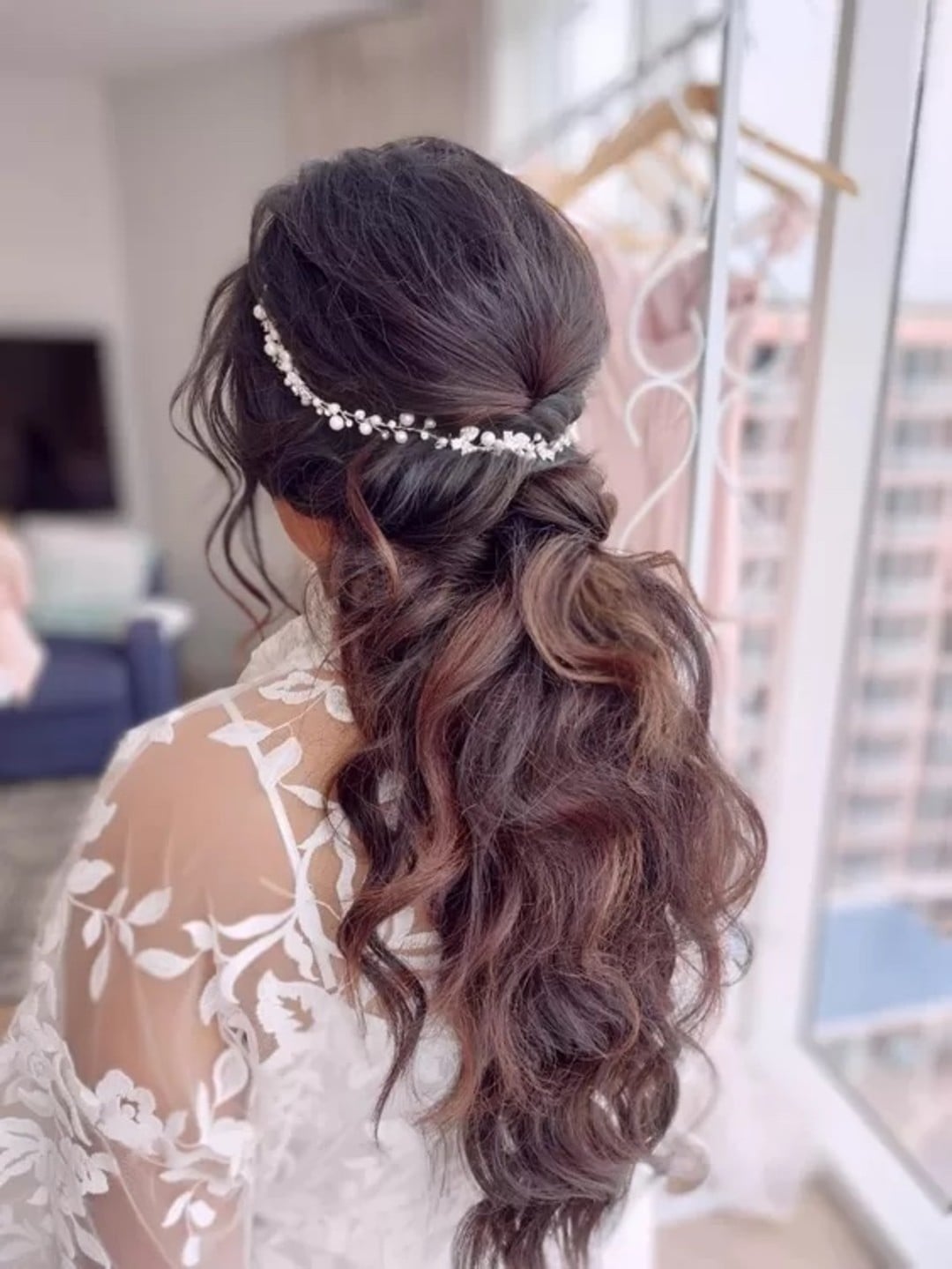 Dark Brown Half Up Braided Ponytail Headband — Bridesmaid Hairstyles Half Up