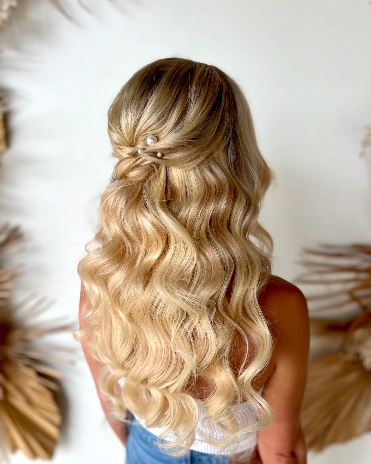 Long Ash Blonde Half Up Twisted Curls With Pearls — Bridesmaid Hairstyles Half Up