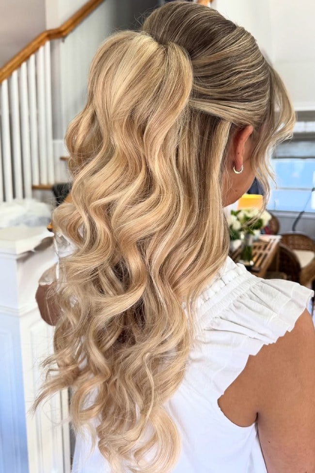 Ash Blonde Half Up Ponytail With Waves, Mid-Back — Bridesmaid Hairstyles Half Up