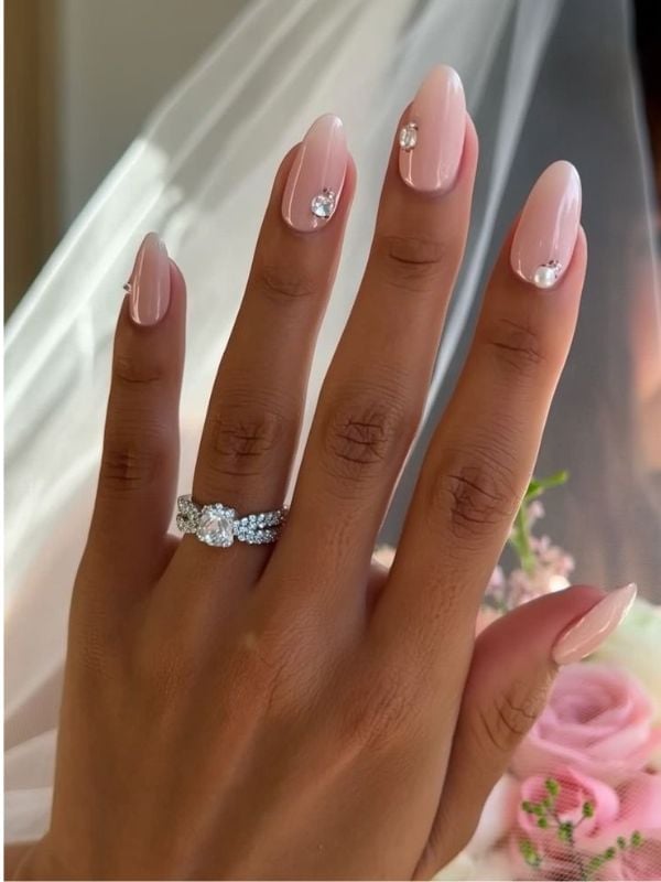Sparkling Pearl And Rhinestone Pink Nails — Bridesmaid Nails
