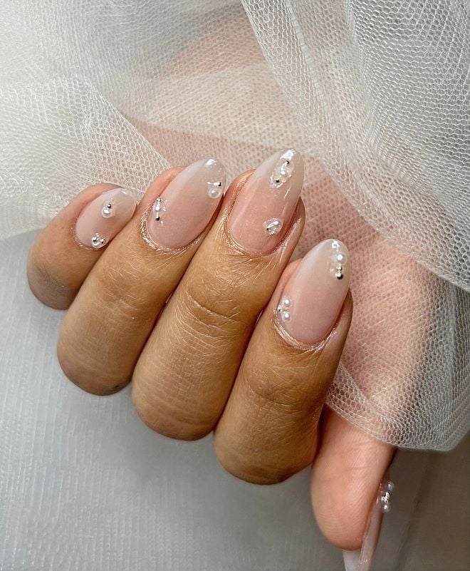 Rhinestone And Pearl Cluster Almond Nails — Bridesmaid Nails