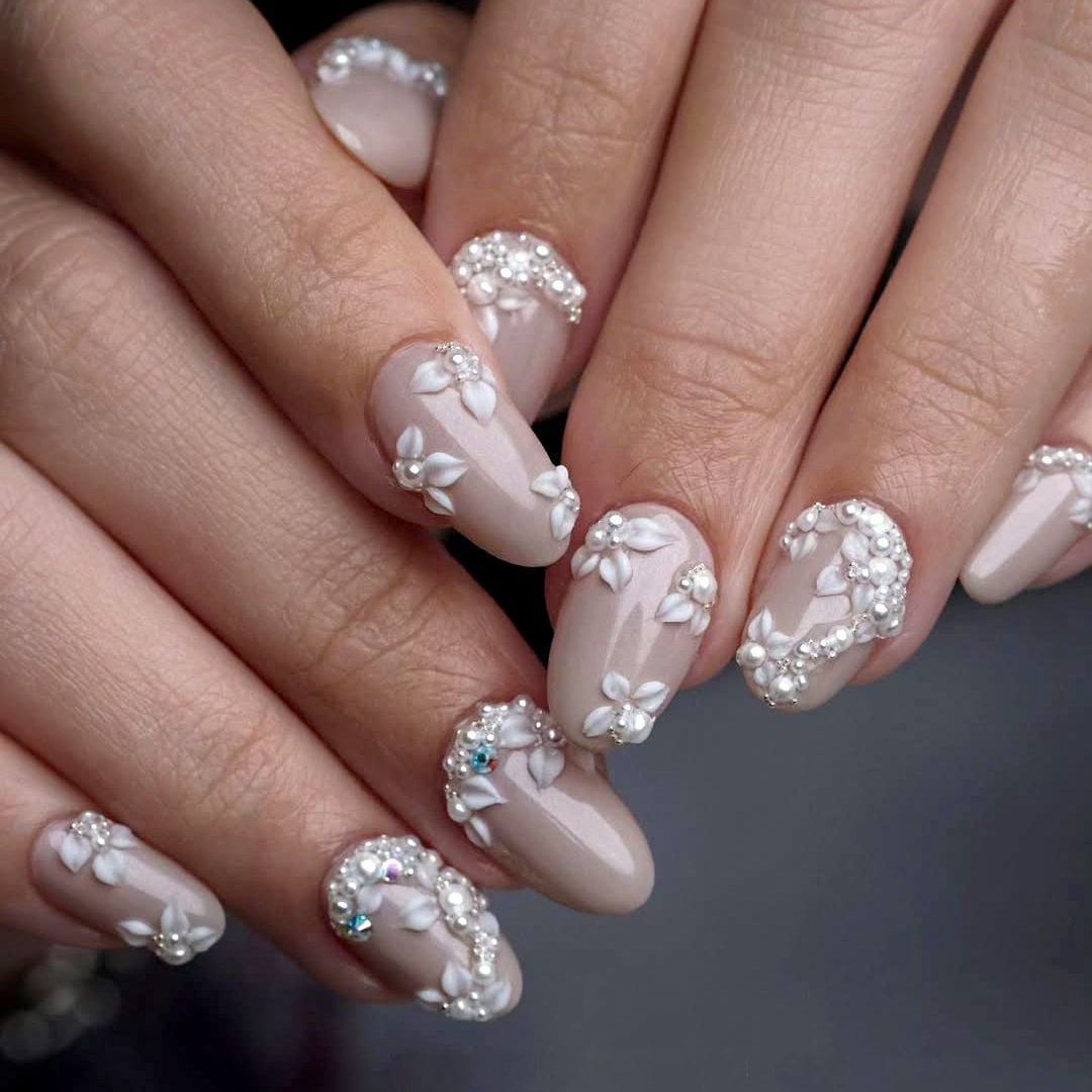 3D Floral Beige Oval Nails — Bridesmaid Nails