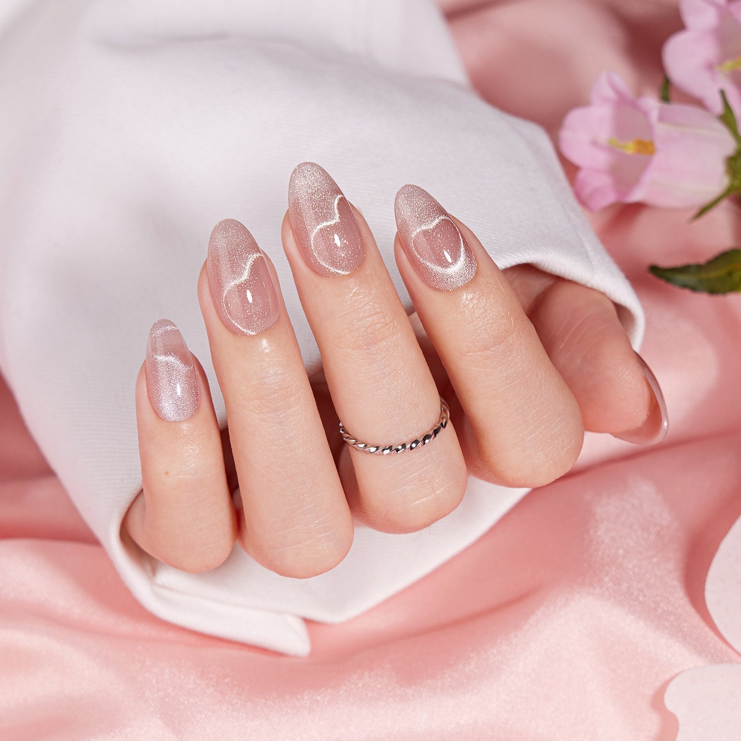 Cat Eye Heart Pink Nude Nails — Bridesmaid Nails