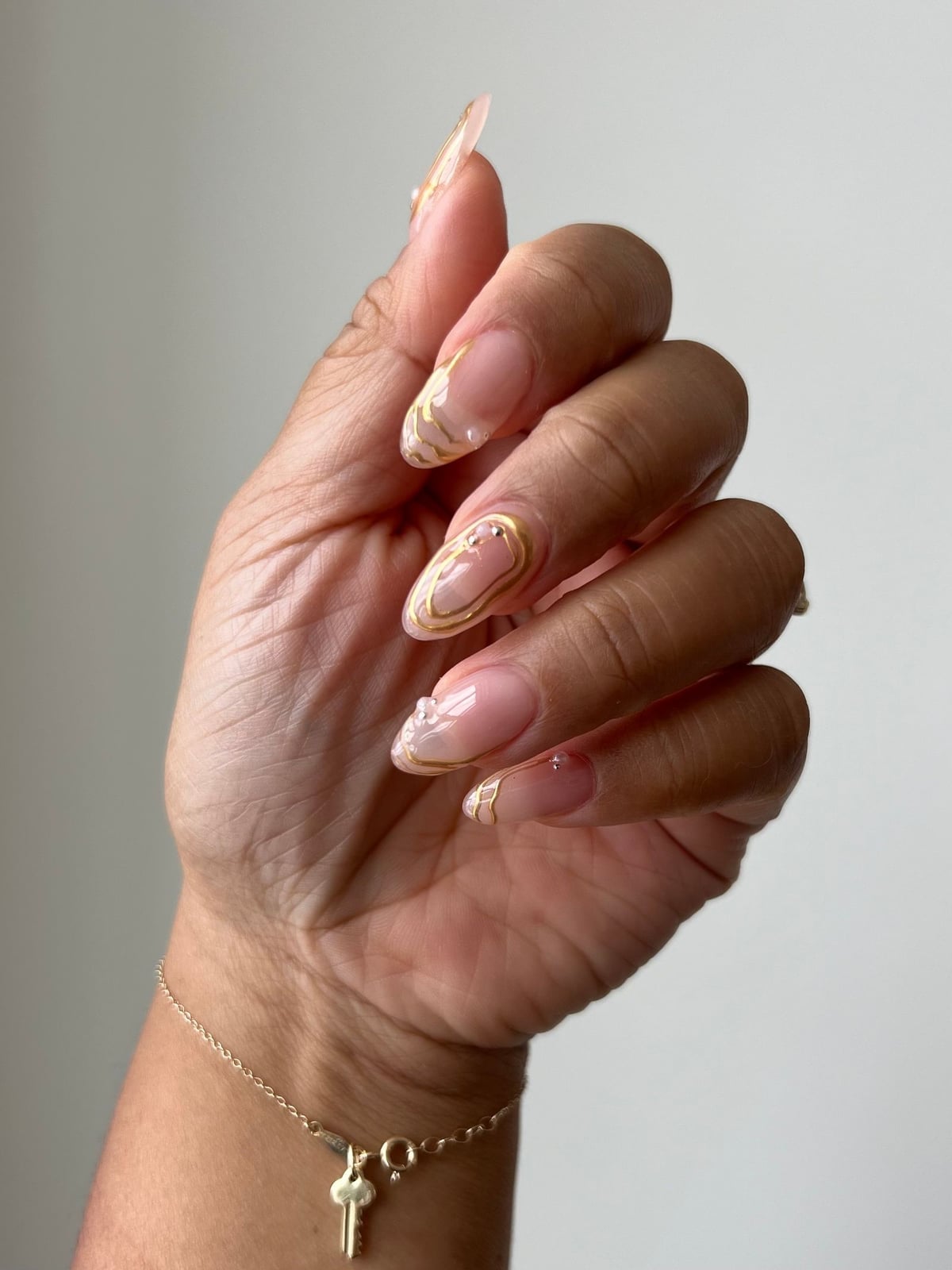 Gold Foil Swirls Long Stiletto Nails — Bridesmaid Nails