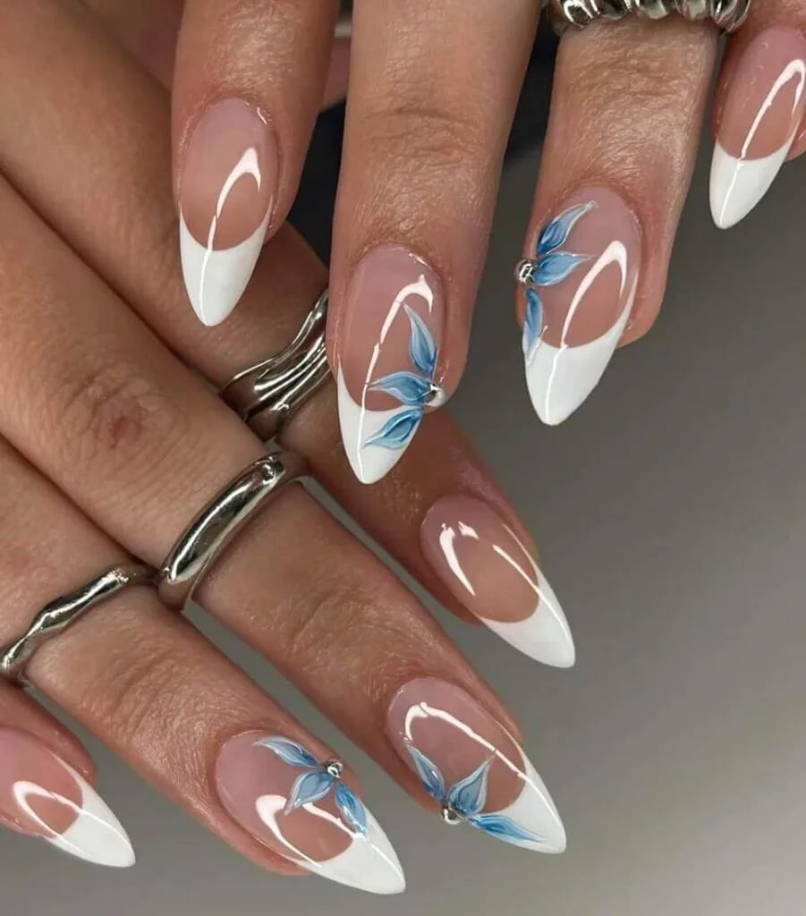 Blue Floral French Almond Nails — Bridesmaid Nails