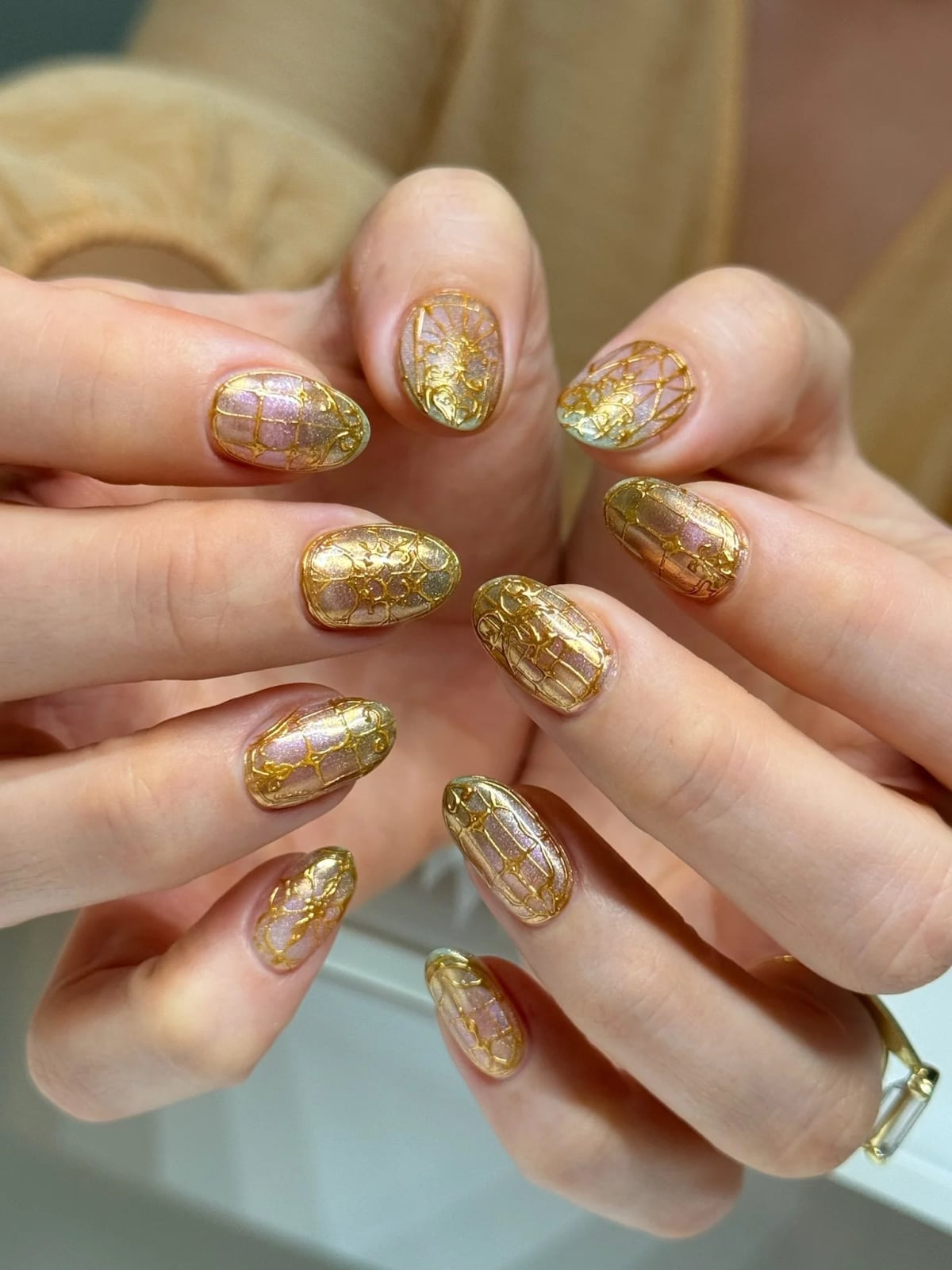 Gold Foil Stained Glass Short Oval Nails — Bridesmaid Nails