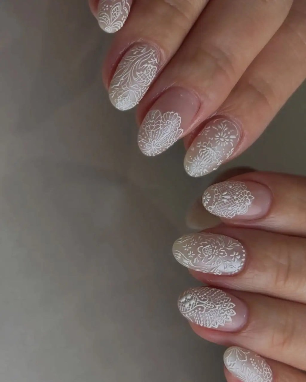 Lace Pattern Sheer Nude Oval Nails — Bridesmaid Nails