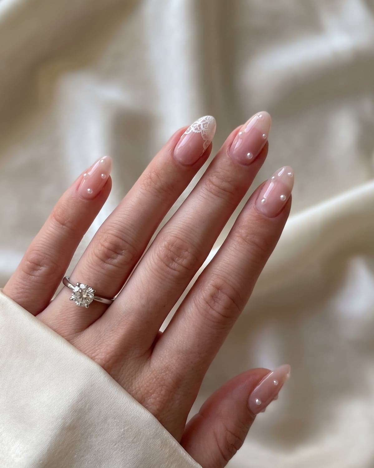 Pearl And Lace Detail Almond Nails — Bridesmaid Nails