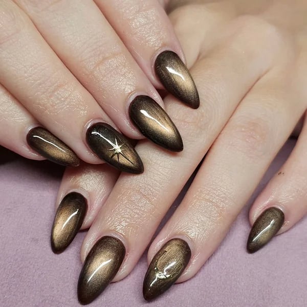 Deep Brown Gold Cat-Eye Almond Nails Deep Brown Gold Cat-Eye Almond Nails — Brown Almond Nails