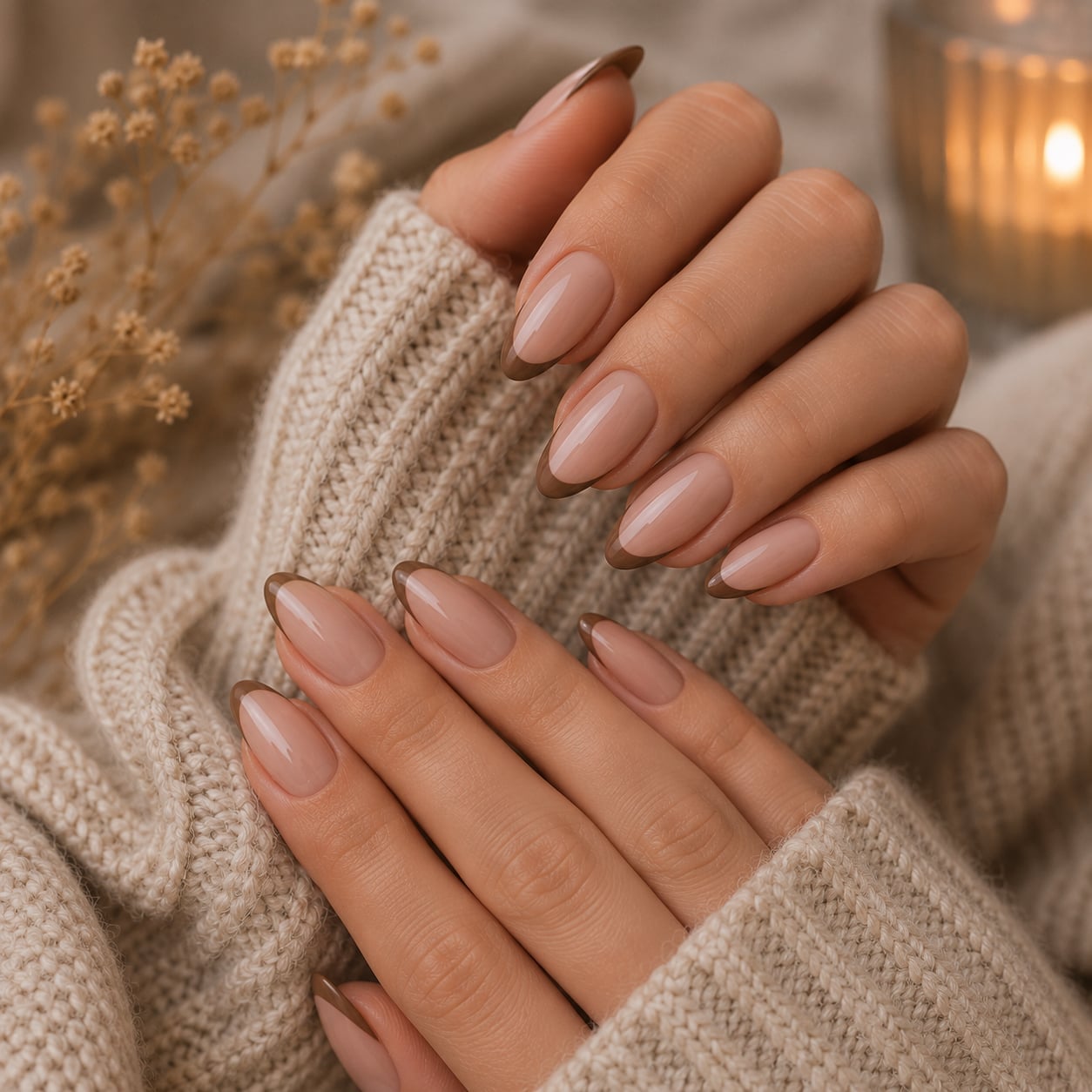Nude Almond Nails with Brown Monogram Print Nude Almond Nails with Brown Monogram Print — Brown Almond Nails