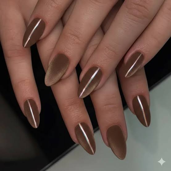 Matte Brown Almond Nails with Silver Line Matte Brown Almond Nails with Silver Line