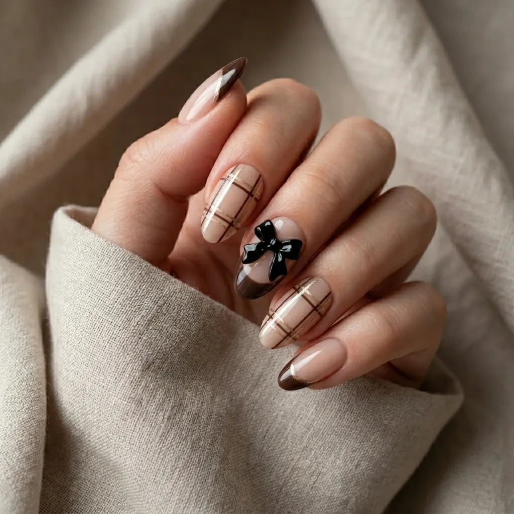 Brown French Almond Nails with 3D Accents Brown French Almond Nails with 3D Accents — Brown Almond Nails