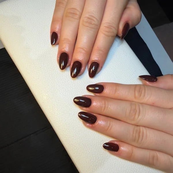 Opaque Dark Brown Glossy Almond Nails Opaque Dark Brown Glossy Almond Nails — Brown Almond Nails