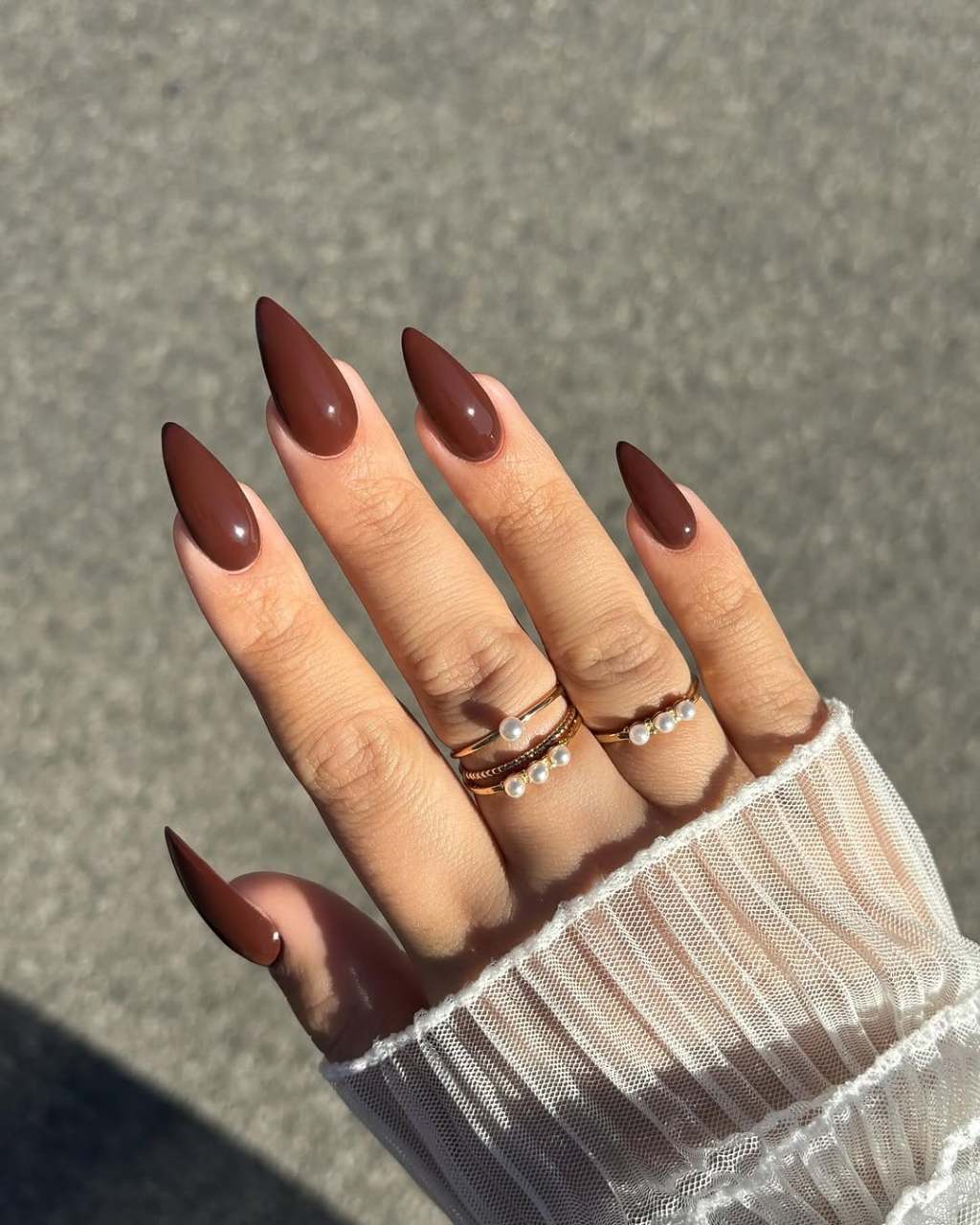 Deep Brown Glossy Long Almond Nails Deep Brown Glossy Long Almond Nails — Brown Almond Nails
