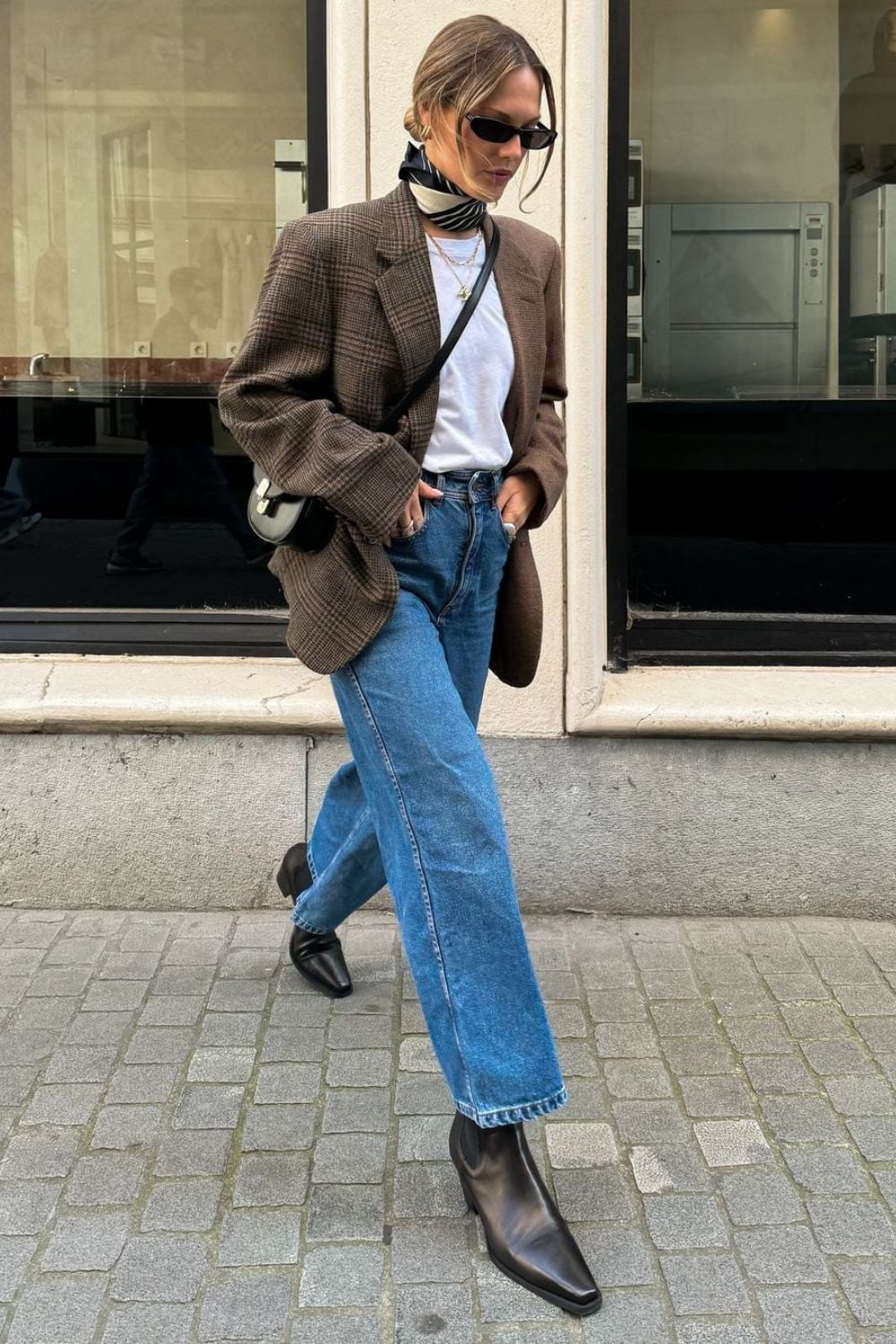 Oversized Brown Plaid Blazer with Denim and White Tee — Brown Blazer Outfit