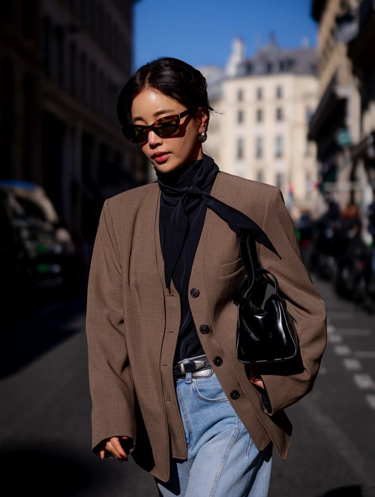 Brown Blazer with Black Turtleneck and Scarf Detail — Brown Blazer Outfit