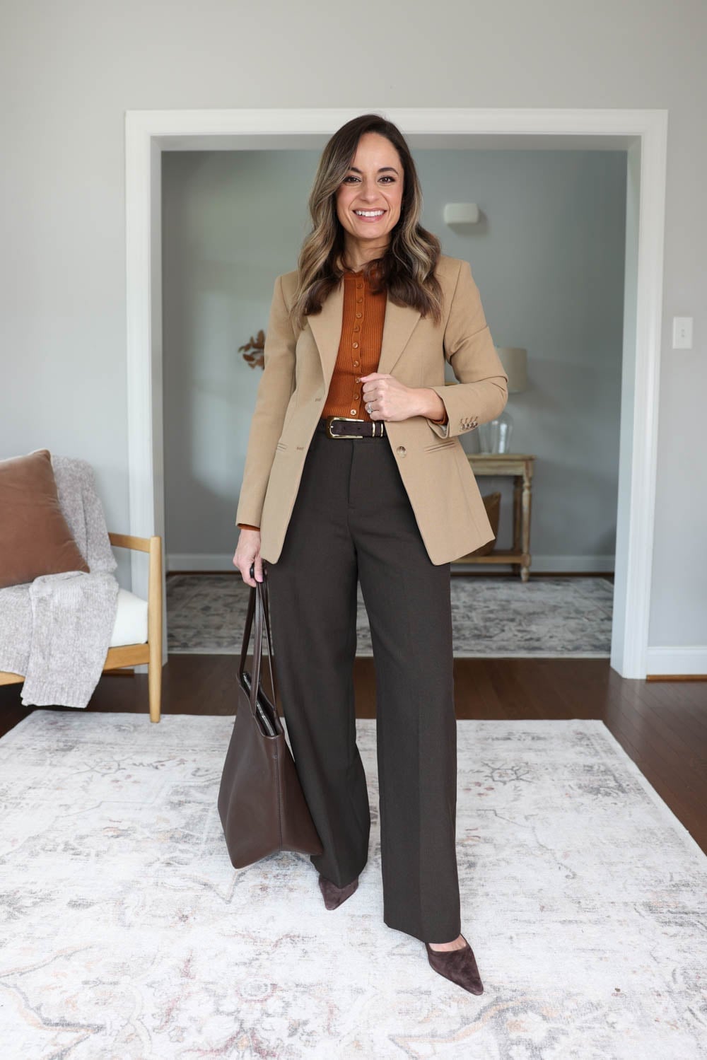 Camel Blazer with Brown Knit Cardigan and Wide-Leg Trousers — Brown Blazer Outfit