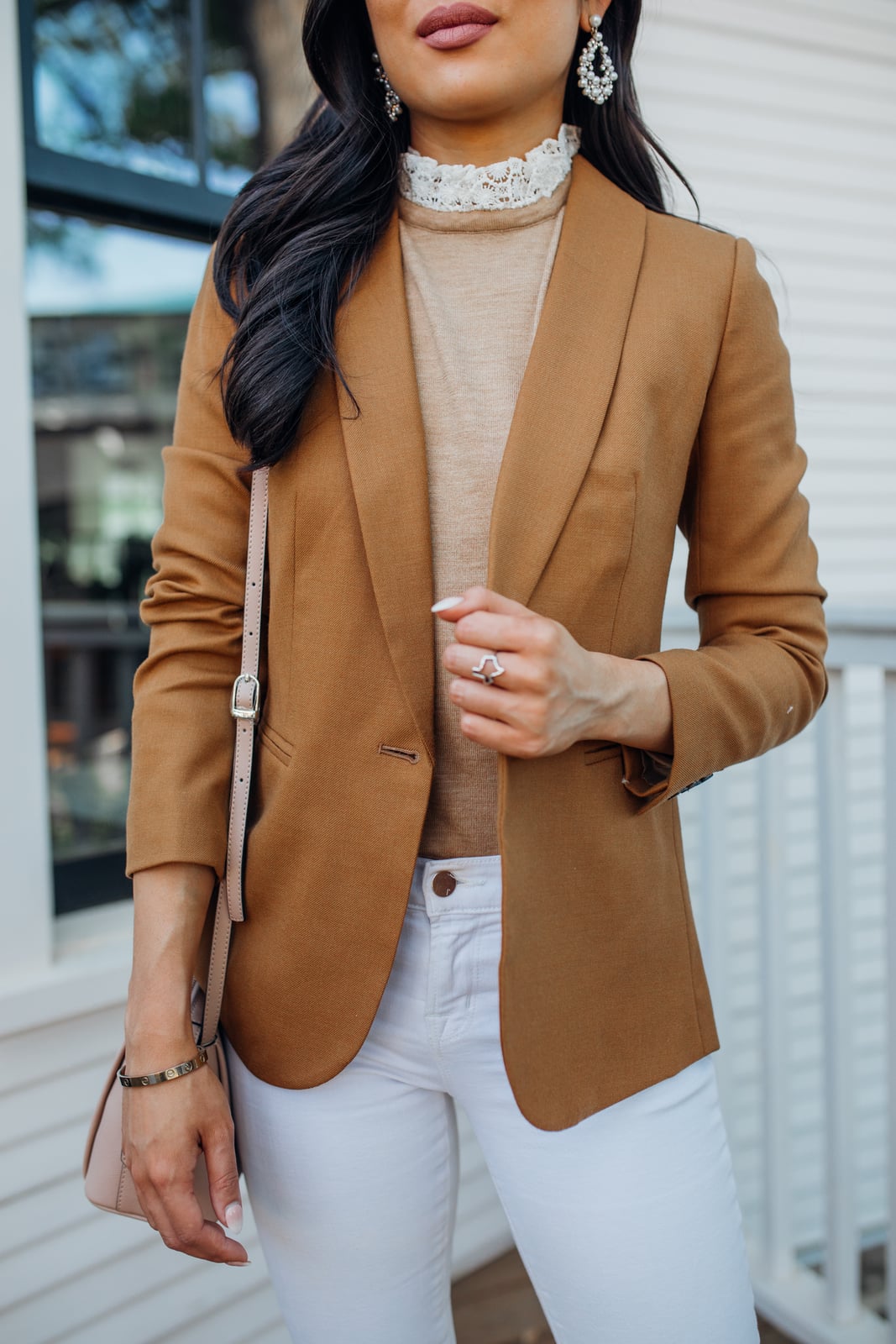 Fitted Brown Blazer with Beige Turtleneck and Lace Collar — Brown Blazer Outfit