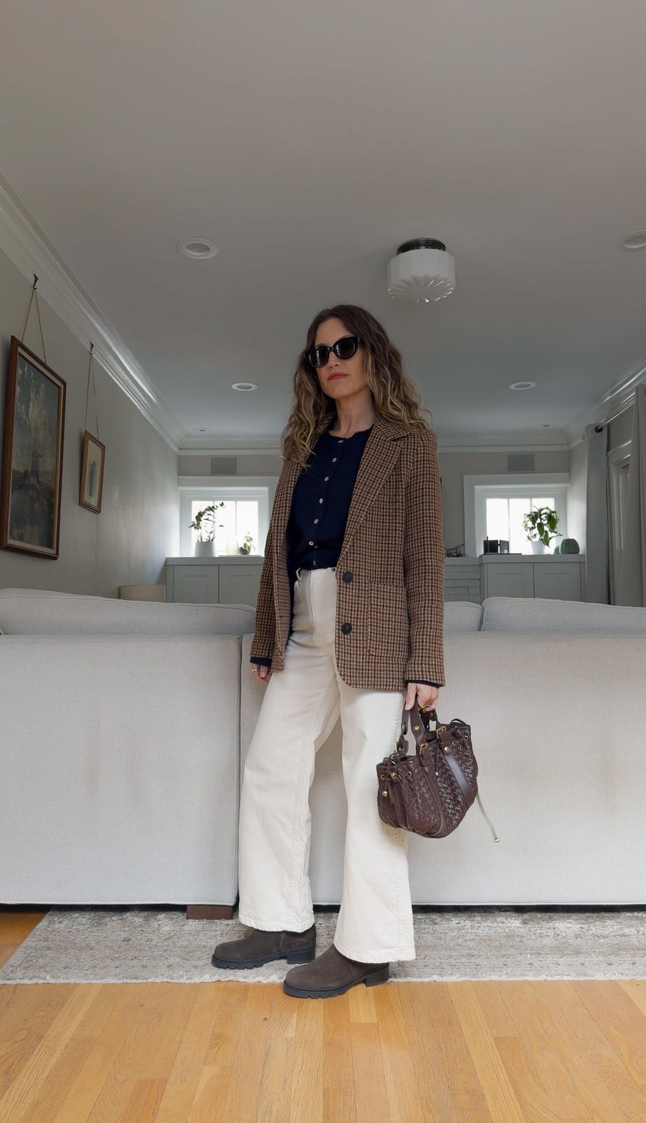 Brown Tweed Blazer with Navy Cardigan and Cream Trousers — Brown Blazer Outfit