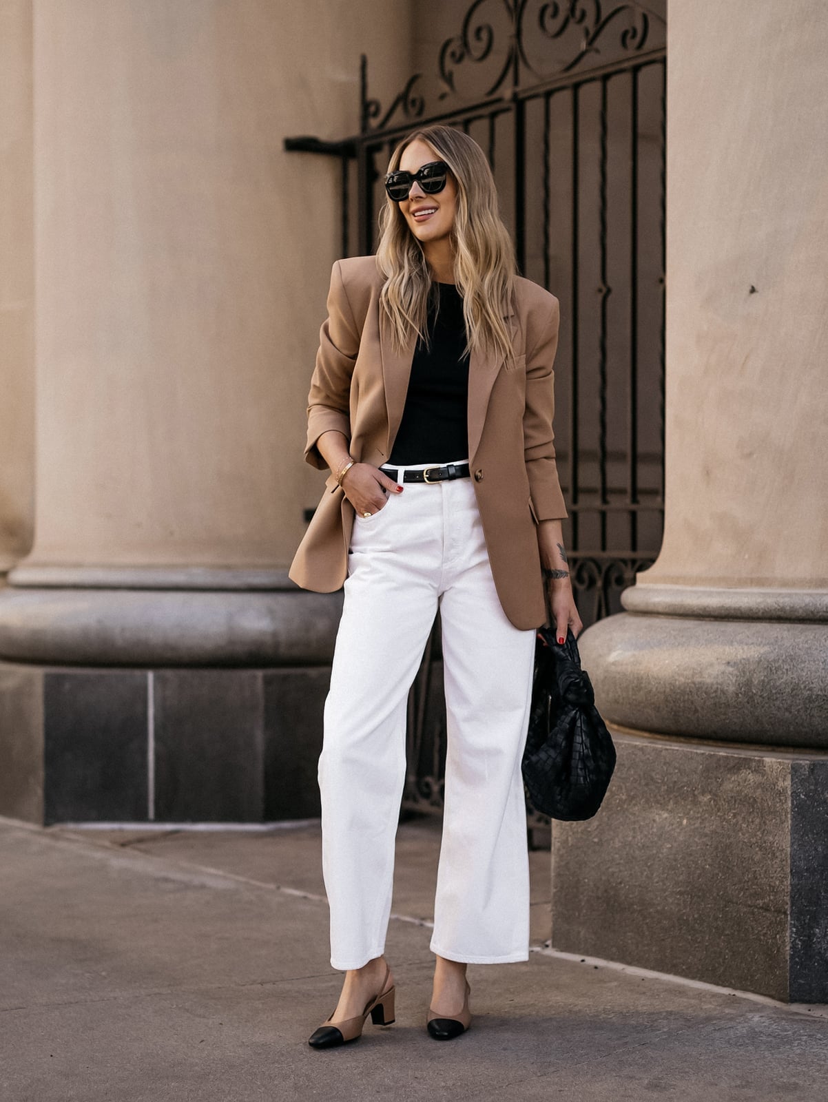 Camel Blazer with Black Top and White Wide-Leg Jeans — Brown Blazer Outfit